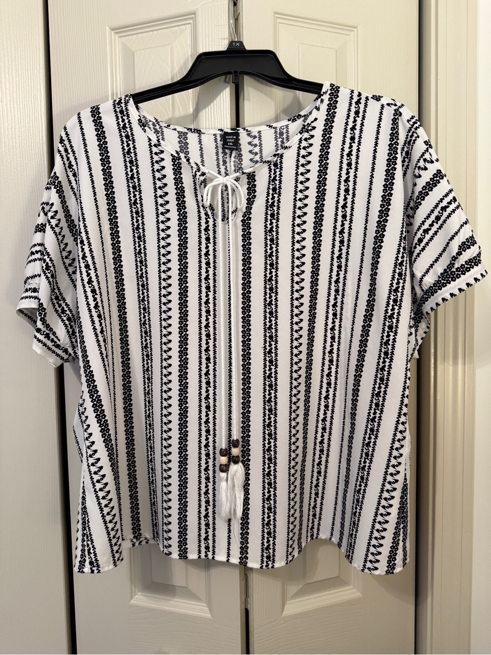 SHEIN Curve- Stripe Tie-Neck Women’s Blouse - Black & White